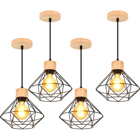 4 Pack Pendant Light Retro Vintage Chandelier Industrial Metal and Wood Cage Ceiling Light in Diamond Shape for Bedroom Living Room Black (1/5)