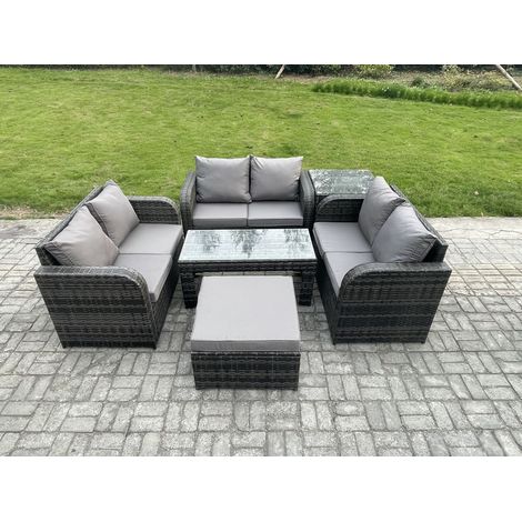Fimous Salon de jardin 7 places Meubles de jardin avec Table basse Canapé d'amour Grand tabouret Table d'appoint Gris foncé mixte (1/5)