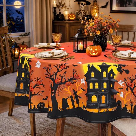 Nappe de table ronde Halloween Ø 155 cm, lavable, polyester, orange, motif maison hantée