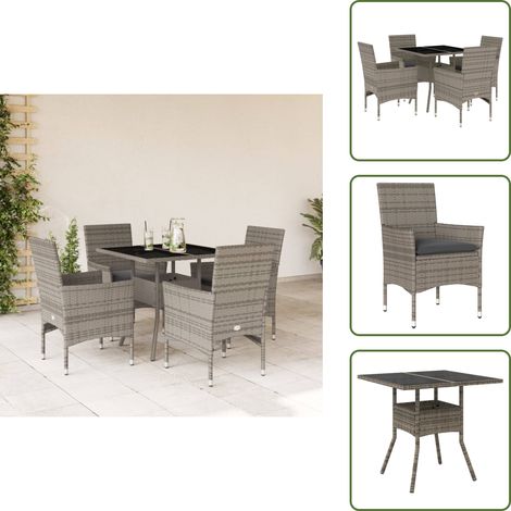 The Living Store 5-tlg. Garten-Essgruppe mit Kissen Grau Poly Rattan und Glas - Gartentisch - Gartenmöbel Set - Gartenlounge - Outdoor Möbel - Rattan Gartenmöbel (1/5)
