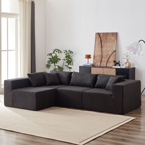 Canapé d'angle modulable 4 places en velours côtelé,Combinable librement,Garnissage mousse,Meuble luxueux pour salon,Noir