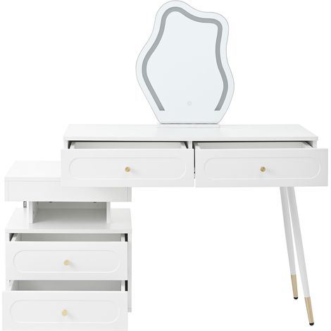 Tavolo da trucco bianco con specchio LED, 4 cassetti e vano aperto, 140 x 40 x 130 cm, MODENUIT (1/5)