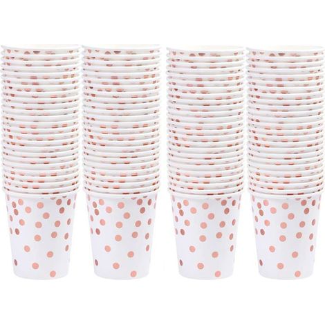 BelleRise - 100 gobelets en papier jetables à pois or rose, 26 cl, pour Noël, mariage, anniversaire ou fête. (1/5)