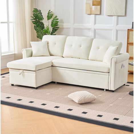Divano angolare, divano letto, divano da 3 posti con vano portaoggetti, tasche laterali, beige (1/5)