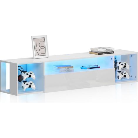 Soges – Meuble TV suspendu 140 cm avec lumières LED – Design mural moderne – Gestion des câbles – 30 kg de charge – 2 étagères ouvertes