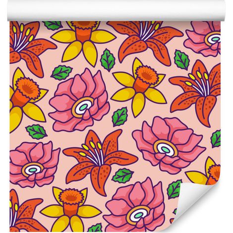 Papier peint fleuri rouge et corail pour salon et chambre 50x1000 cm (1/5)