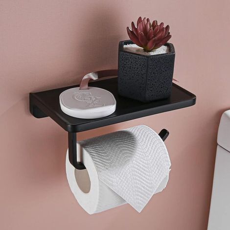 Porte-papier toilette noir avec étagères, porte-papier toilette noir mat antirouille, porte-rouleau de papier toilette mural, porte-papier toilette en métal massif pour salle de bain (1/4)