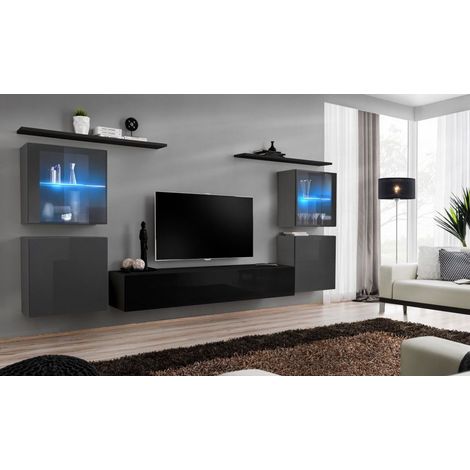 Ensemble mural - Switch XIV - 4 vitrines - 1 banc TV - 2 étagères - Noir et graphite - Modèle 1 - Livraison gratuite