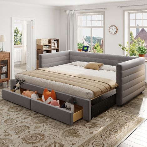 Polsterbett 3-in-1 Ausziehbares Schlafsofa mit Schubladen 90x190 bis 180x190 cm, Multifunktionsbett aus Baumwolle und Leinen, Grau (1/5)