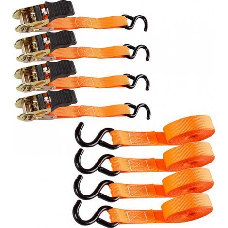 4 orange Ratschengurte, 800 kg Tragkraft, 5 m Länge, mit Ratschenspanner, zum Bewegen von Fahrzeugen, Anhängern und Fahrrädern. (1/5)