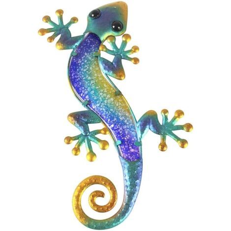 QORVA-Bleu - 15.2" long, gecko en métal décoration murale extérieure lézard art jardin verre décoration suspendue pour patio ou clôture,.