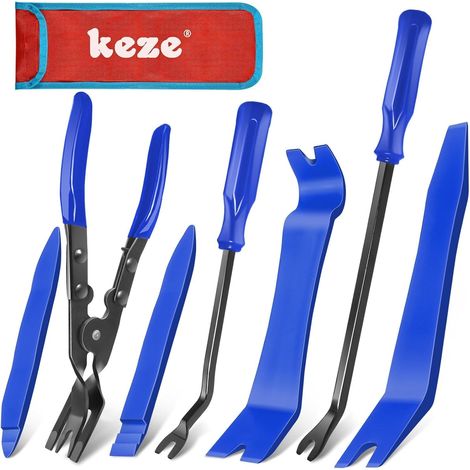 Kit de 7 outils pour retirer les garnitures en plastique et pinces pour retirer les clips de la carrosserie, des panneaux de porte et des garnitures intérieures de voiture - Bleu (1/5)