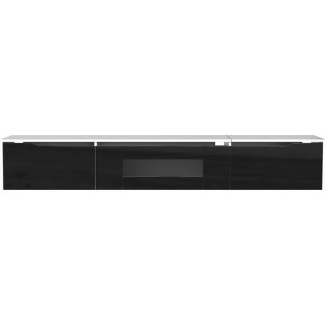 Meuble télé 180 cm, laqué noir à vitrine et éclairage couleur, banc télévision noir en panneaux de particules, vitrine, niches et porte fermée, meuble TV moderne pour salon et séjour (1/5)
