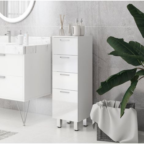 Mueble de baño auxiliar de madera blanco brillo 30 cm con 4 cajones y patas ajustables (1/5)