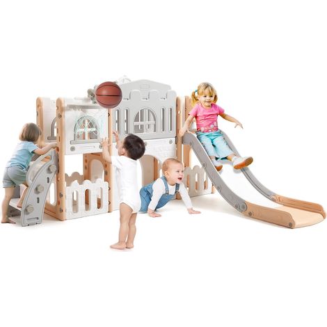 Toboggan pour Enfant 8 en 1 avec Échelle d'escalade, Panier de Basket, Télescope et Tunnel de Jeu pour Enfants Aire de Jeux - Rose (1/5)