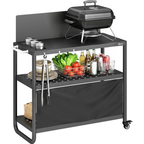 Chariot de Barbecue Desserte de Jardin Mobile avec Pare-vent 3 Niveaux Rideau Oxford 100x46x110cm Noir