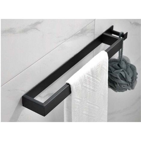 Toallero negro mate sin taladros - Barra de acero inoxidable 304 - Con gancho - Autoadhesivo de 40 cm - Para baño (1/4)