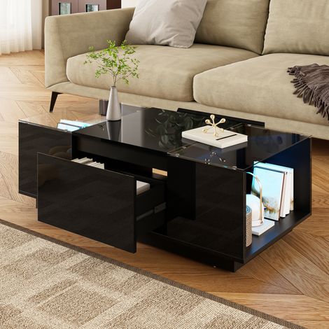 Tavolino da caffè 105x50x35 cm nero con LED, contenitori e vetro, truciolare MEUBLIV (1/5)