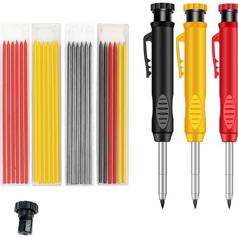 Lot de 5 crayons de charpentier solides - Mines polyvalentes - Marqueur à trous profonds - Avec taille-crayon intégré - Pour le travail du bois, les chantiers de construction - Avec étui (1/5)