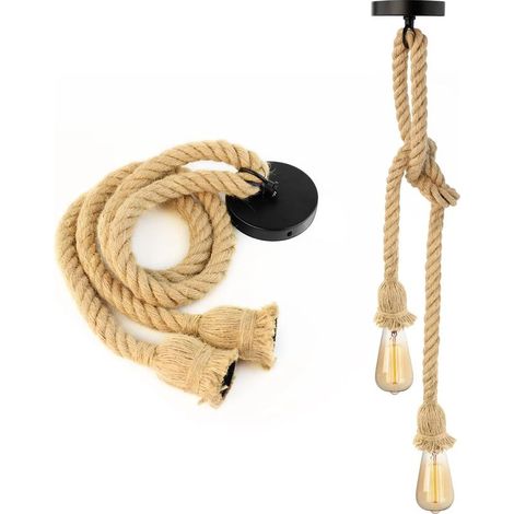 Lustre en corde de chanvre double tête suspendue – Lumière pendante industrielle rétro – Câbles de 80 cm pour salle à manger, bar, café, salon - Salon-80cm (1/5)