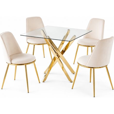 CHICFURN Mesa y sillas 80x80x75 cm vidrio metal dorado, 5 piezas (1/5)