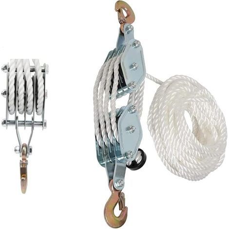 AIPERQ Poulie de palan à corde de 2tonne, charge maximale de 2 tonnes, crochets en acier robuste, poulie de levage, corde en nylon de 20 m, entrepôt, levage et déplacement d'objets lourds (1/4)