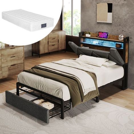 Lit Rangement 90x200cm avec LED et USB-C - Lit 1 Place - Tiroirs, Tête avec Étagère, Matelas H3, Gris (1/5)