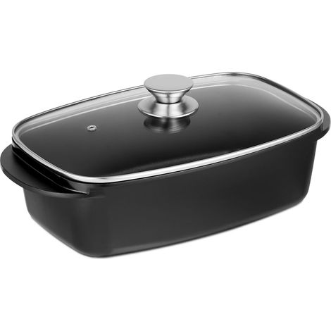 Relaxdays Plat à gratin avec couvercle en verre, cocotte 5 L, antiadhésif, pour plaques électriques & au gaz, noir