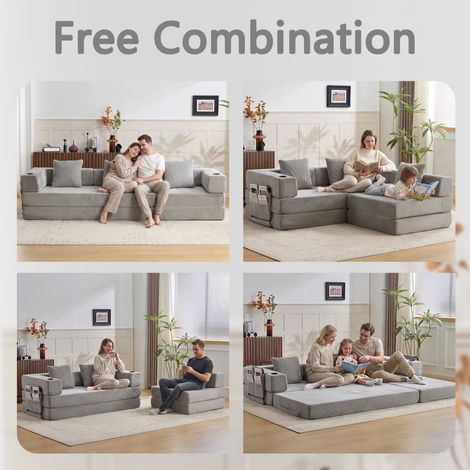 Canapé Sol, Canapé Compressé, Convertible Lit de Sol avec Coussin et Accoudoir, Banquette Pliable avec Porte-Gobelet et Poche Latérale, Tissu Velours Côtelé, Gris Clair, Salon et Chambre (1/5)