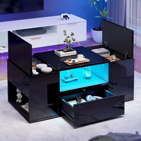 Table basse 100 x 50 x 40 cm avec 1 tiroir, étagères, LED et surface brillante, Table d'appoint avec 6 compartiments de rangement, Noir (1/5)
