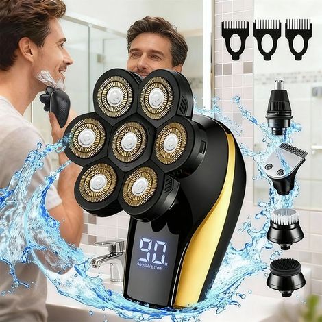 Rasage sur peau humide et à sec, réglage automatique à 360° de la lame rotative, grille en acier inoxydable, écran LCD, accessoires pour la barbe, le nez, les oreilles et les pattes, couleur dorée (1/4)