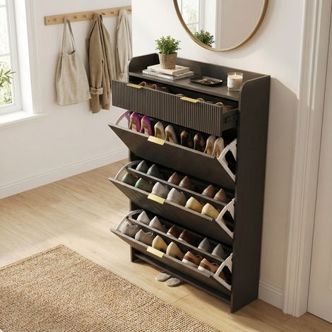 Scarpiera con 3 ribaltine e 2 cassetti, grande capacità, frontali scanalati eleganti per ingresso, stile scandinavo moderno(77.1×24.2×133.5cm, Nero)