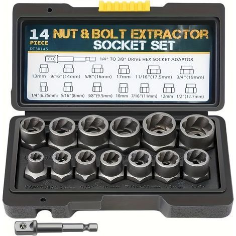 Kit de 14 pièces pour l'extraction d'écrous : extracteur de vis à profil spiralé, jeu de clés à douille pour retirer les écrous et vis endommagés ou rouillés (1/5)