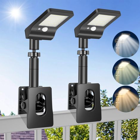 Lot de 2 Lampes Solaires Exterieur à Clipser avec Détecteur de Mouvement, Projecteur Solaire Étanche, 60 LED 3 Couleur Eclairage, Télécommande, pour Clôtures Jardin Terrasses Camping