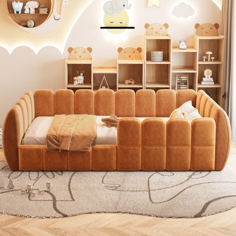 Lit de sol enfant capitonné 90 x 200 cm, revêtement en velours, conception entièrement fermée, coins arrondis, convient aux chambres d'enfants, de tout-petits et d'adolescents, orange (matelas non inc (1/4)