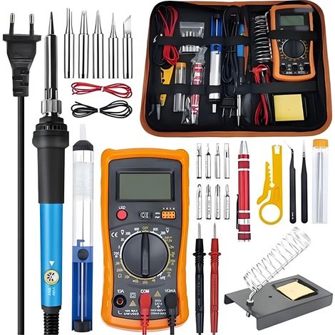 Kit d'outils de soudage électronique 25 pièces, Fer a Souder avec Interrupteur ON/OFF, 60W 220V Temperature Réglable, 5 pointes de fer à souder, fil à souder, Support de fer à souder