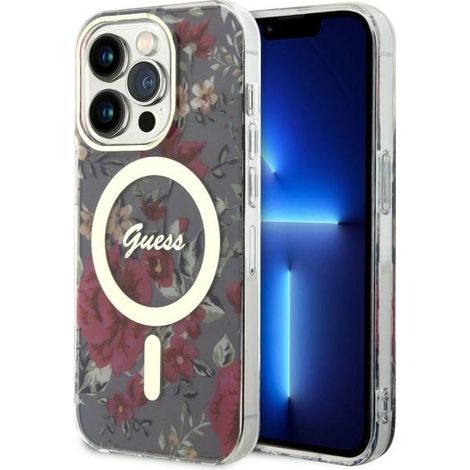 Funda rígida Guess GUHMP14LHCFWSA para iPhone 14 Pro de 6.1 pulgadas, color verde/caqui, con diseño floral y MagSafe. (1/5)