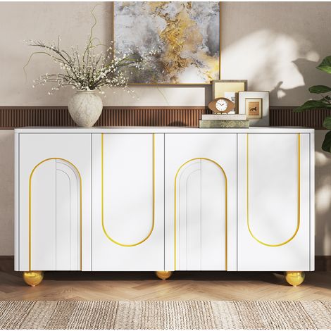 Buffet 4 portes avec décor lignes arquées dorées, 140 x 40 x 74 cm, blanc OKMYHOME (1/5)