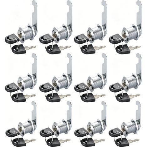 Lot de 12 serrures à came à cylindre métallique 20 mm pour armoire/tiroir, clé identique, 2 clés par serrure