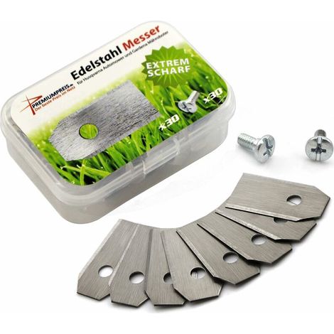 royaluxe -Lot de 30 lames de rechange en titane pour robot tondeuse Bosch Indego (3 g - 0,75 mm)Couleur argent- Qualité supérieure - Avec concept amélioré (1/5)