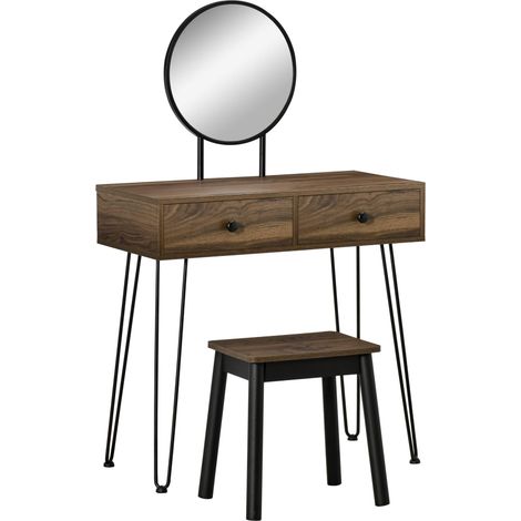 Consolle Trucco con Specchio e Sgabello in Legno e Metallo Color Noce (1/5)
