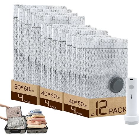 Sac Sous Vide Vetement Aspirateur avec Pompe à Vide Sans fil Électrique, Lot de 12 (440x50cm, 440x60cm, 450x60cm), Sac de Rangement Sous Vide Réutilisables pour Pulls, Chemises, Voyages (1/5)