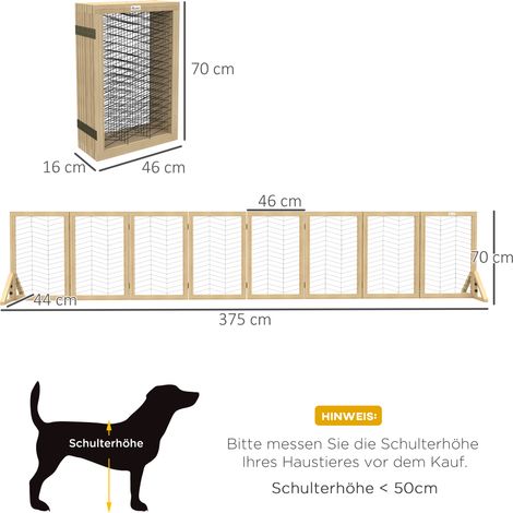 Barrière pour chien, barrière d'escalier, barrière de sécurité, pliable, en pin, 375 cm x 44 cm x 70 cm, naturel (1/5)