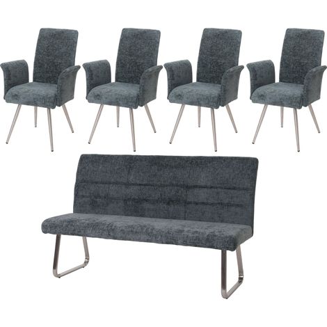[NUNCA USADO] Juego de comedor HHG-221, juego de 4 sillas con reposabrazos + banqueta 180cm, acero inoxidable cepillado tela/textil chenilla, azul-verde (1/5)
