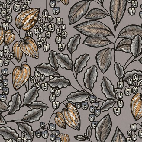 Blumen Tapete Profhome 377549 Vliestapete glatt mit floralen Ornamenten matt grau braun gelb schwarz 5,33 m2