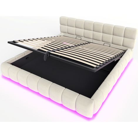 Cama arcón 180 x 200 cm de terciopelo beige con LED, cabecero y almacenaje hidráulico (1/5)