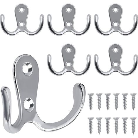 NORCKS 6 Stück Kleiderhaken, Haken Garderobe Doppelt Wandhaken Retro Haken Wand Metall Silber Kleiderhaken Vintage mit 12 Schrauben für Garderobenhaken Badezimmer Küche (1/5)