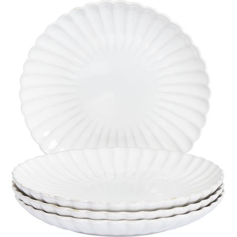Conjunto de 4 platos llanos grandes de gres caolín para postres artesanal acabado esmalte reactivo blanco Nettle