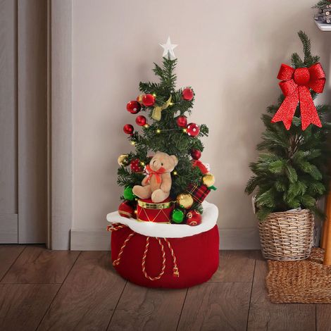 ECD Germany Künstlicher Mini-Weihnachtsbaum mit Beleuchtung Weihnachtsdeko, LED-Tannenbaum klein mit Teddybär im Geschenksack & Lichterkette, Batteriebetrieben, Christbaum geschmückt, Innen, Ø34x60 cm (1/5)