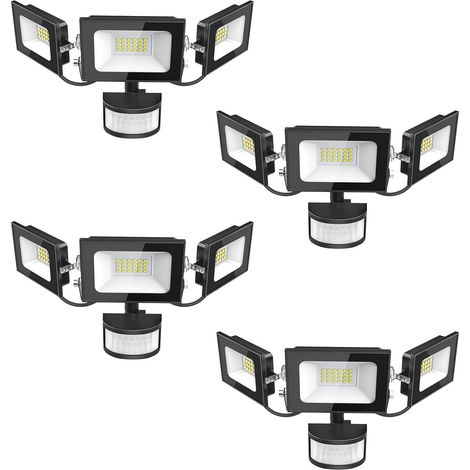 Projecteur LED Détecteur de Movement - 50W 5000LM Ultra Lumineux 3 Tête Spot LED Extérieur, IP65 Etanche Éclairage de Sécurité Extérieur PIR pour Cour Porche Jardin Garage, 4 Pack